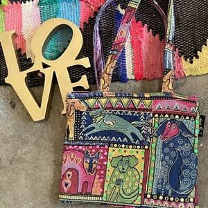 Laurel Burch Boho Cat Dog Tapestry Faux Patchwork Purse Sequins Velvet